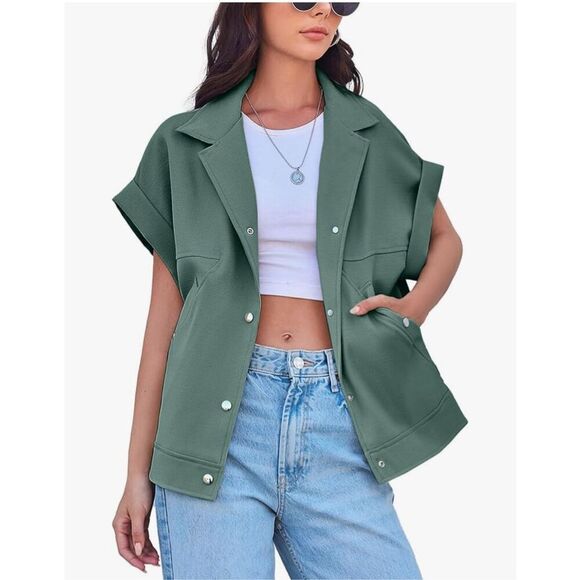 NEW Green Oversized Vest Wide Short Sleeve Button Down Pockets L - Picture 1 of 7